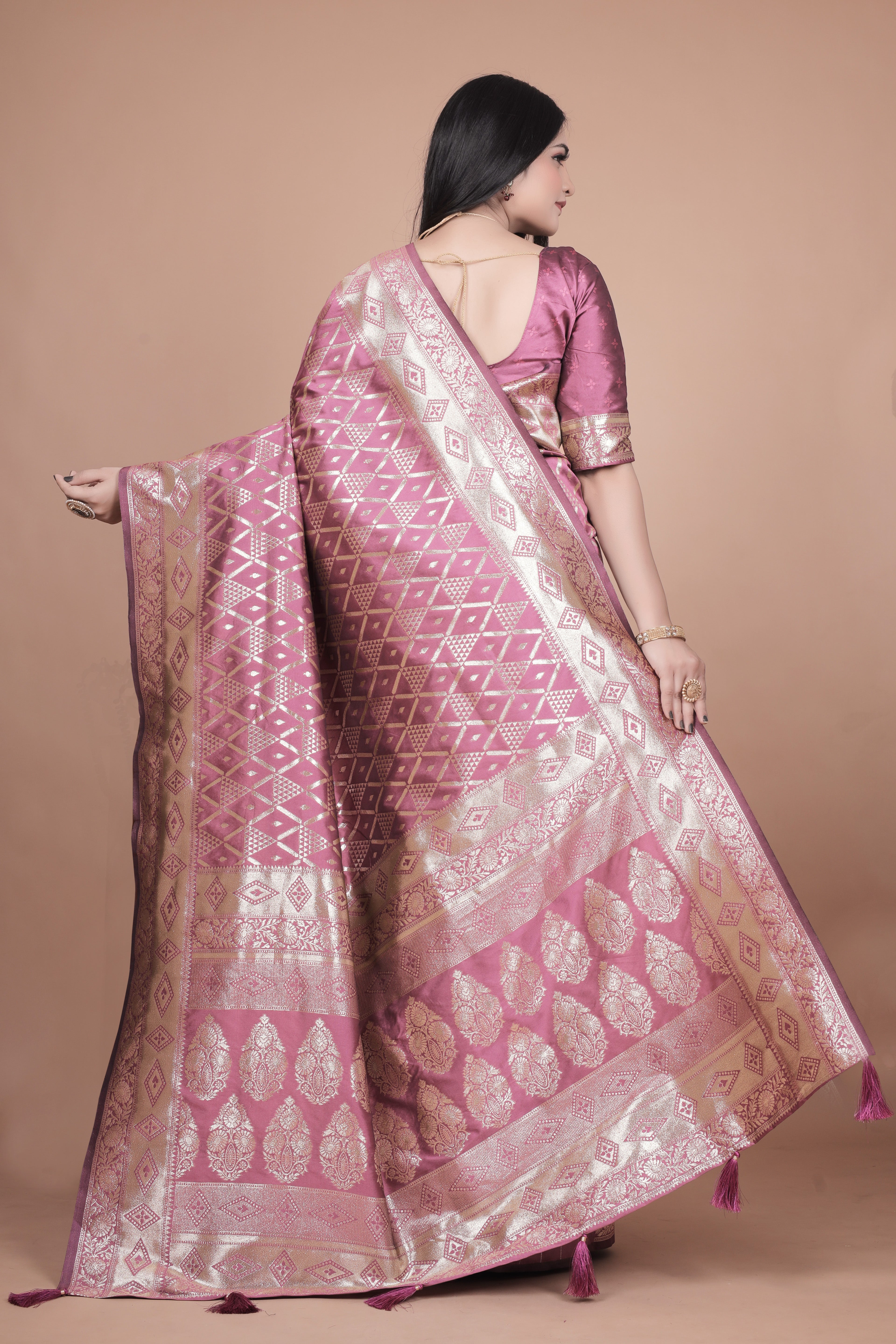 Mauve Banarasi Silk Saree with Silver Zari Elegance With 4 color option
